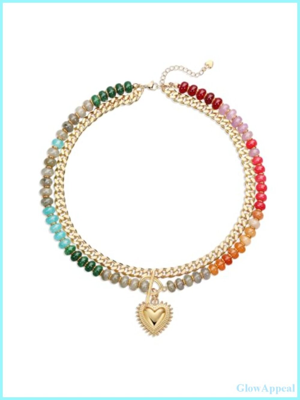 14K Gold Plated Layered Heart Choker Necklace Natural Stone Beads